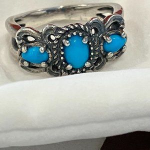Sterling Silver Women’s Ring Three Oval-shaped Blue Turquoise Gemstone size 8